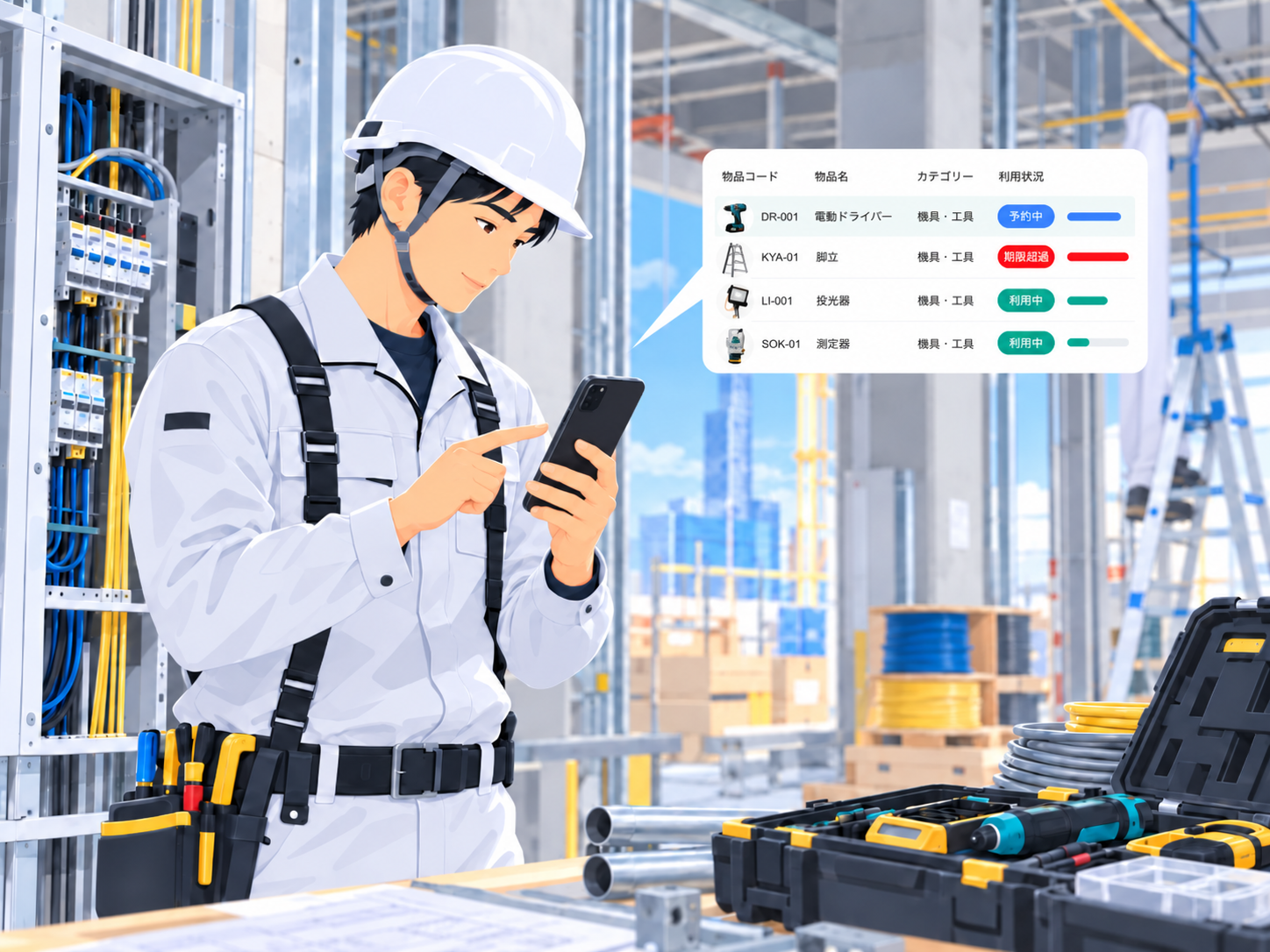工具・測定器・資材が複数の現場を行き来するケースを解説するイメージ