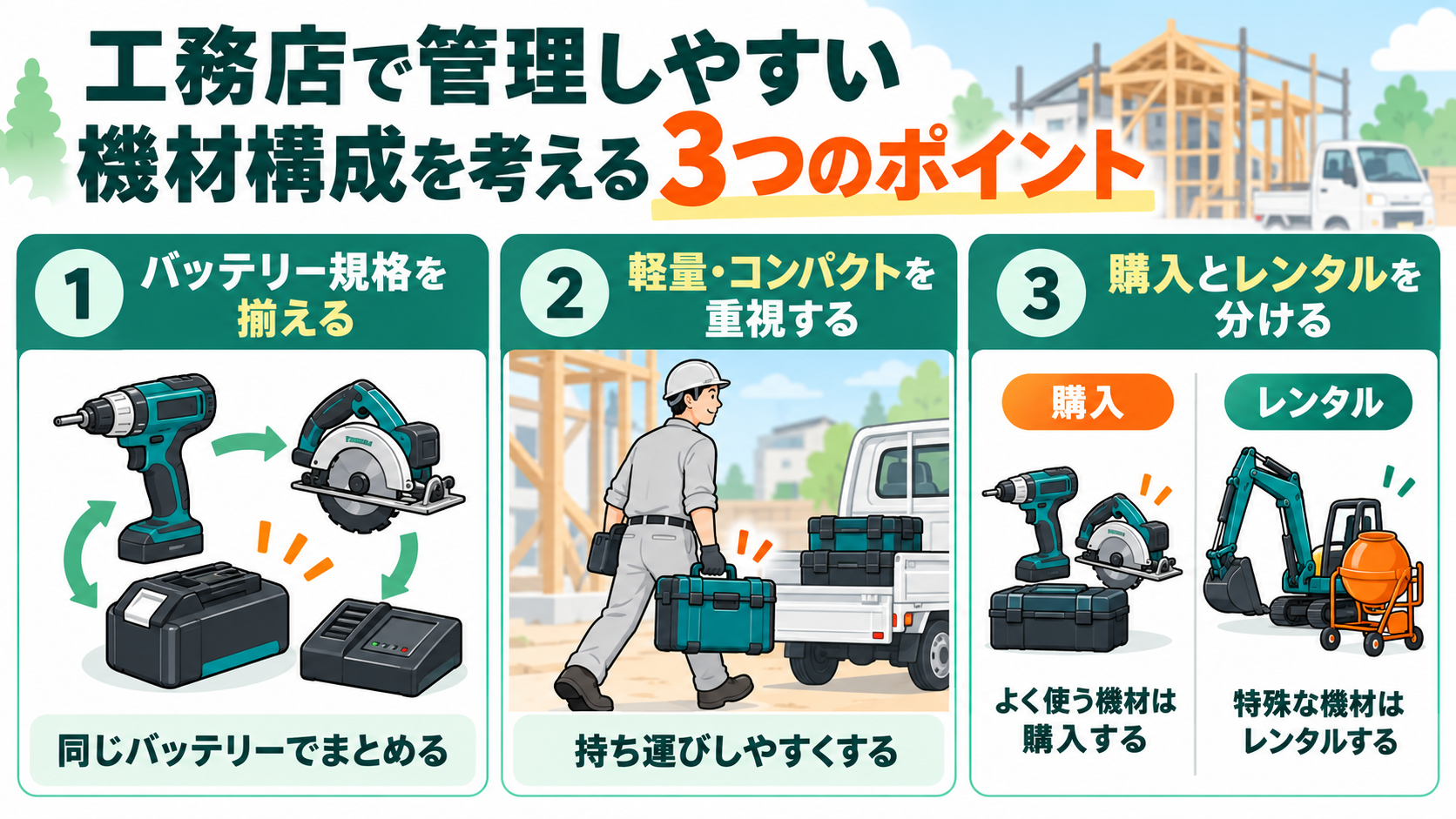 工務店の機材管理をラクにする3つの選び方を解説するイメージ