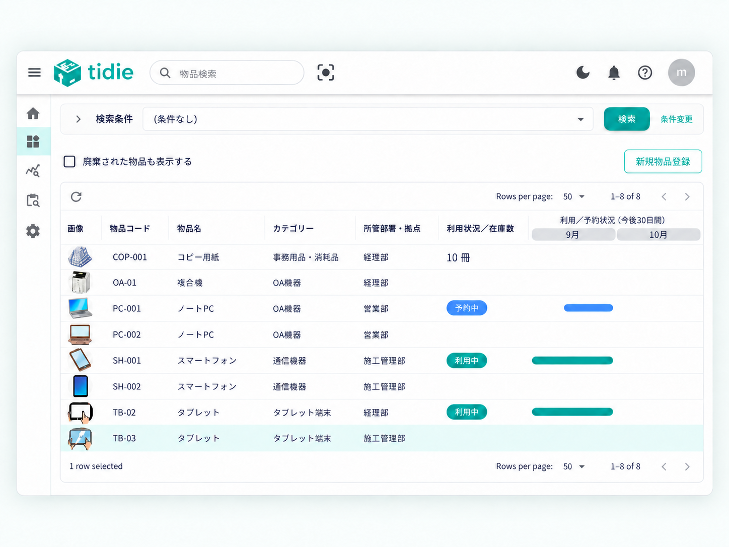 少数の物品から管理を始めたtidieの物品一覧画面イメージ